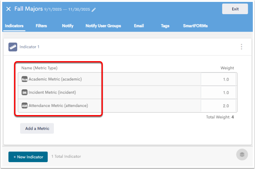 An example threshold Edit page, with three metrics listed under Indicator 1, one academic, one incident, and one attendance.