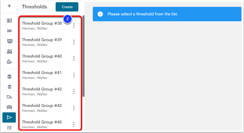 The Thresholds page, with the list of created Thresholds labeled as step 2.