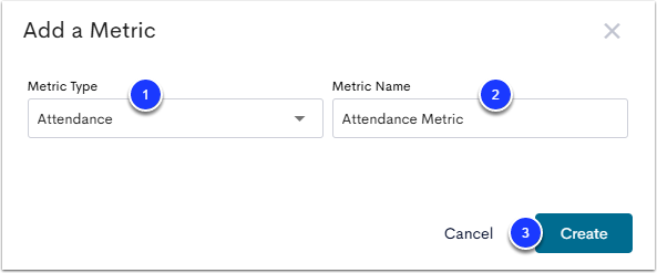 An example Add a Metric popup menu, with Metric Type labeled as step 1, Metric Name labeled as step 2, and the Create button labeled as step 3.