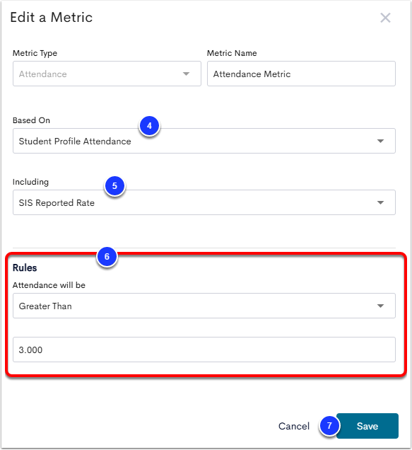 An example Edit a Metric menu, with the Based On dropdown labeled as step 4, the Including dropdown labeled as step 5, the Rules section labeled as step 6, and the Save button labeled as step 7.