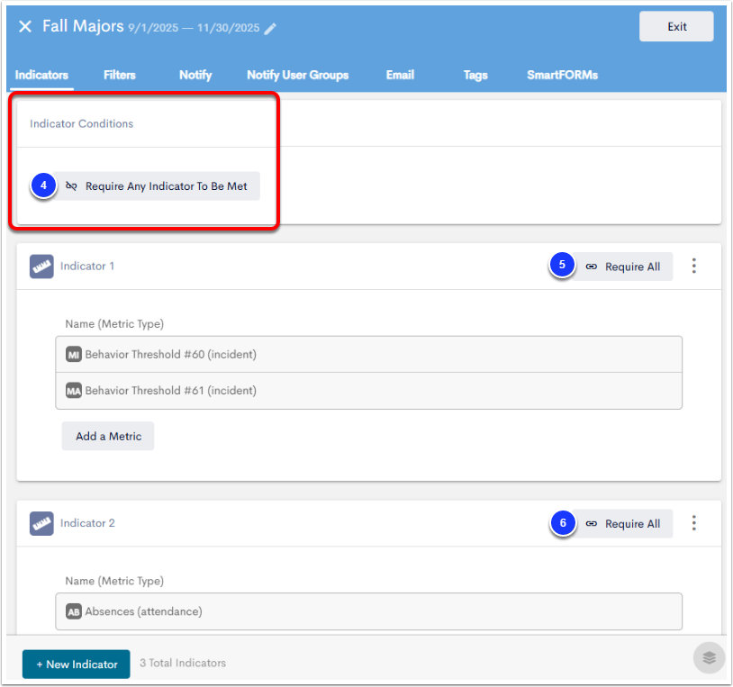 An example non-weighted Threshold, with the Indicator Conditions section, set to Require Any Indicator To Be Met labeled as step 4, the Require All button for Indicator 1 labeled as step 5, and the Require All button for Indicator 2 labeled as step 6.