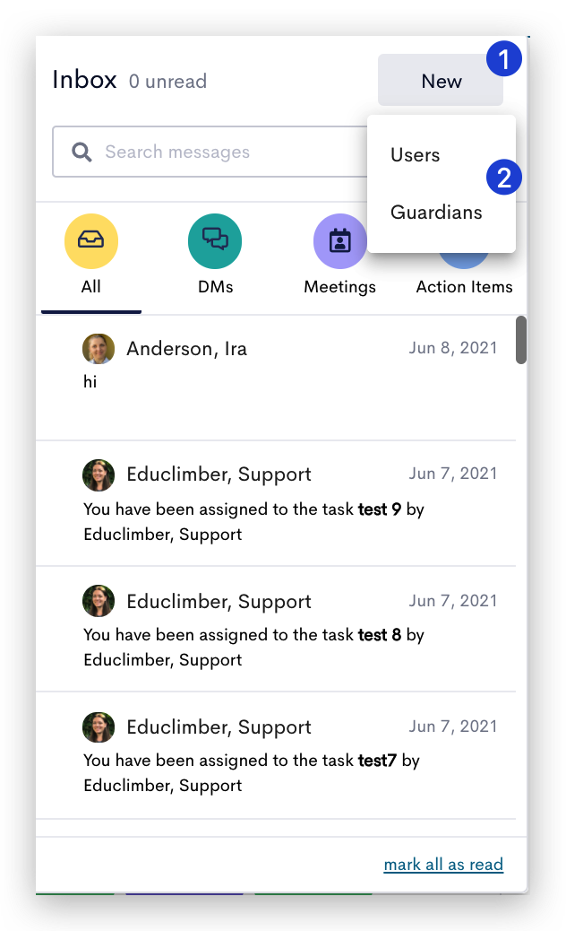 This screenshot shows an inbox within the eduCLIMBER platform. It highlights the steps to create a new message and the message the can message is directed to Users or Guardians