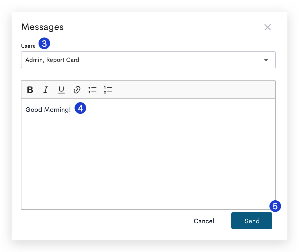 This screenshot shows a message composition window within the eduCLIMBER platform. This window is used for sending messages to specific users or groups within the eduCLIMBER. 