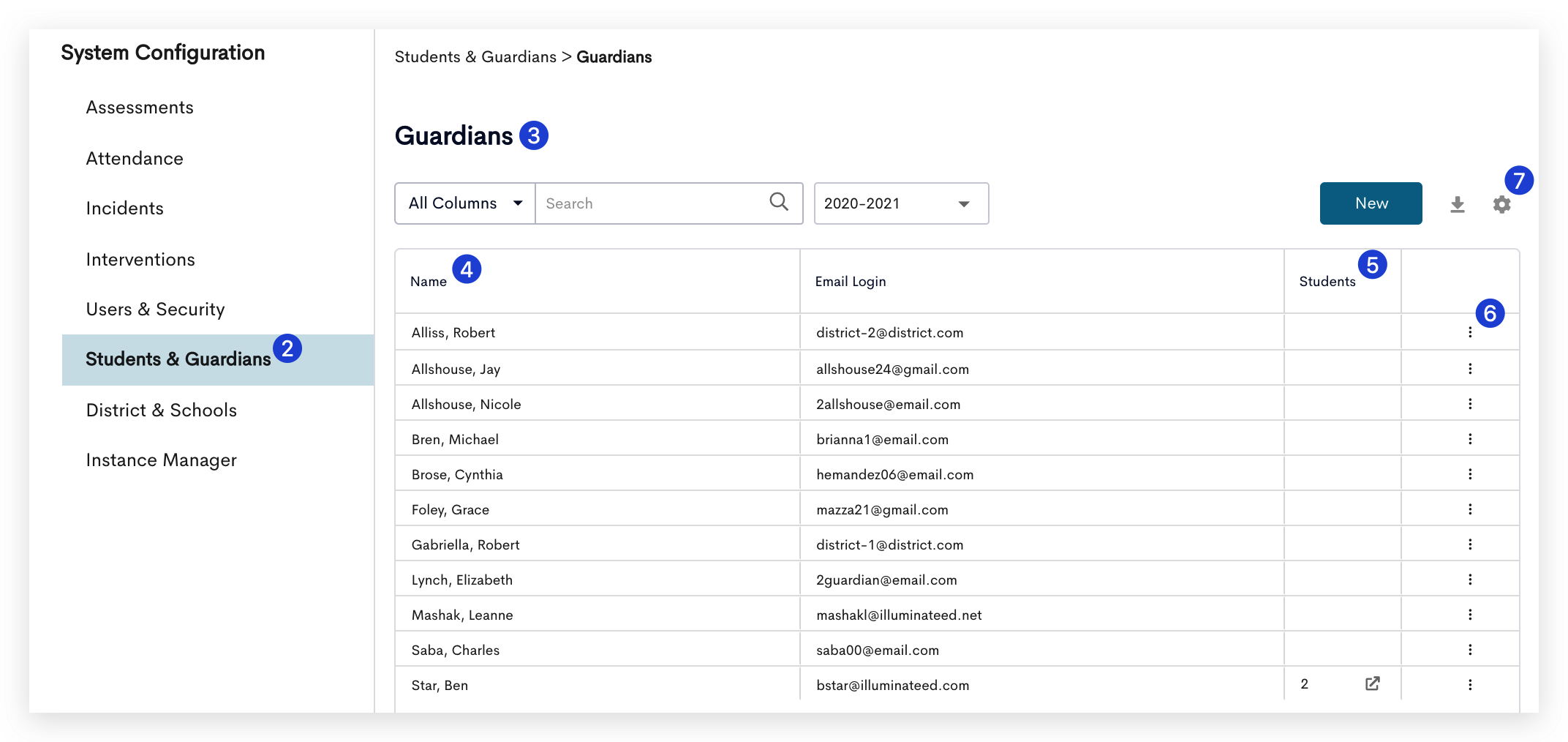 A screenshot of the guardian management page in a school's eduCLIMBER. This page allows school staff to view and manage a list of guardians and their contact information.