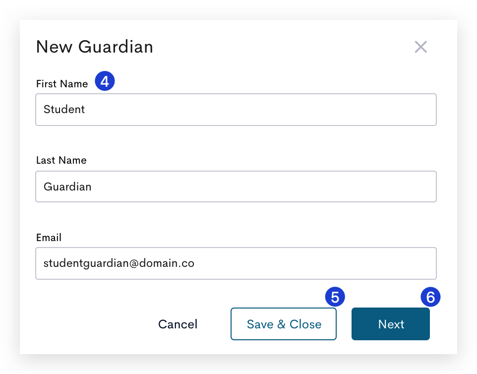 A screenshot of the new guardian form in eduCLIMBER. This section is used to add new guardians to the system.