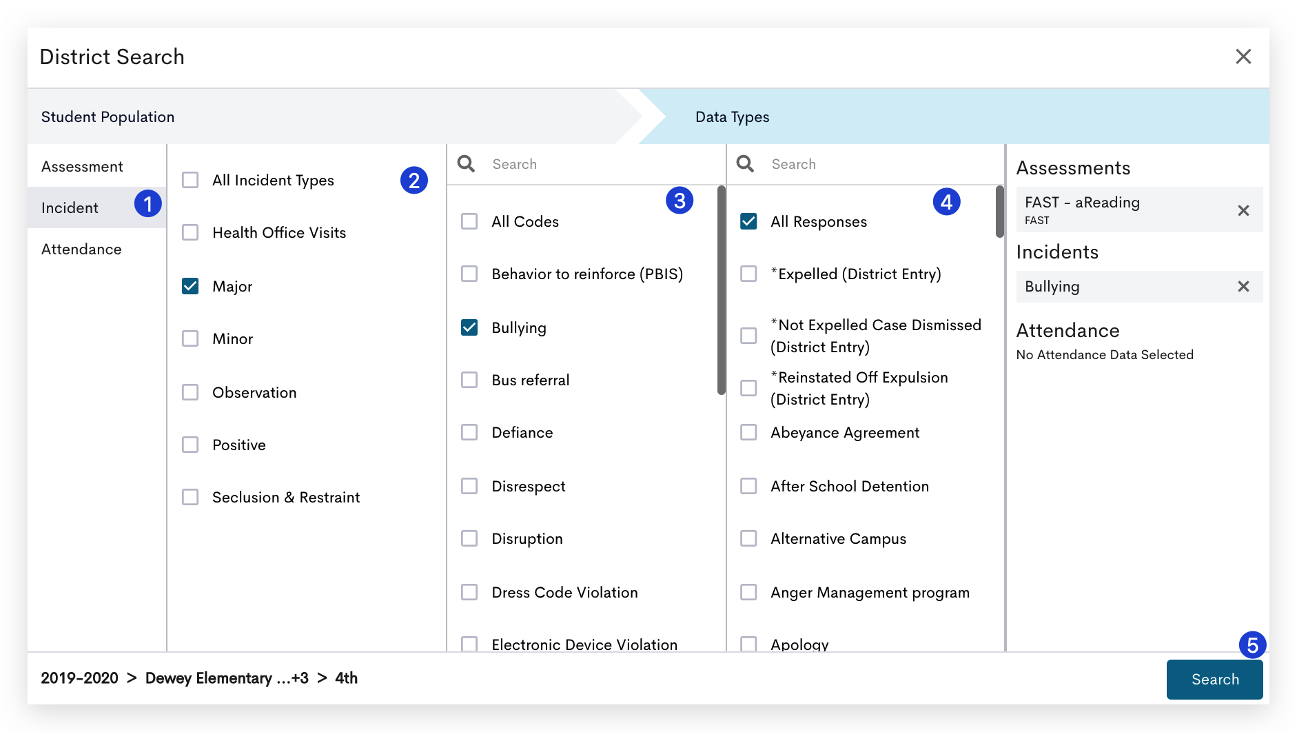 A screenshot of a district search interface. Users can filter data by selecting the desired Student Population and Data Type. For example, under the Incident data type, users can select specific incident types such as Major, Minor, select one or more Incident Codes. Once the desired data is selected, users can click the Search button to retrieve the data.