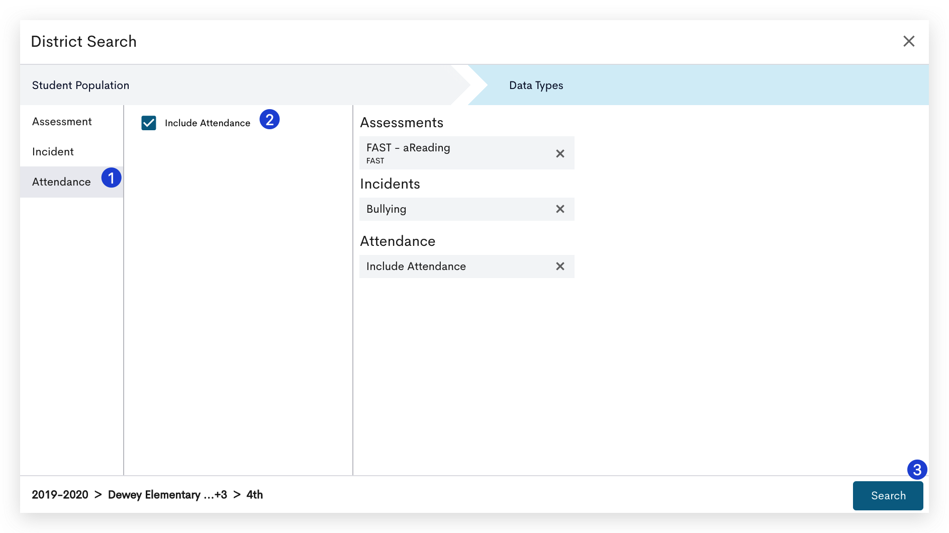 A screenshot of a district search interface. Users can filter data by selecting the desired Student Population and data type of Attendance. Use the checkbox to Include Attendance within the search. Select Search to view data or update/add additional Data Types. 