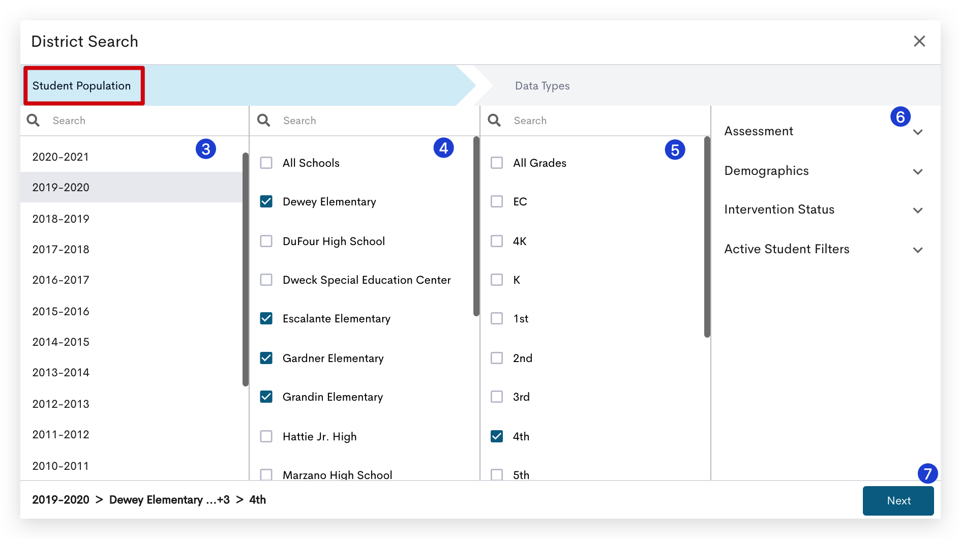 A screenshot of a Charting's District search interface. Users can filter data by selecting the desired Student Population, School Year, Schools, and Grades. The interface also allows for further data filtering using drop-down menus for Data Types such as Assessment, Demographics, Intervention Status, and Active Student Filters. Once the desired filters are selected, users can click Next to proceed with the data search.