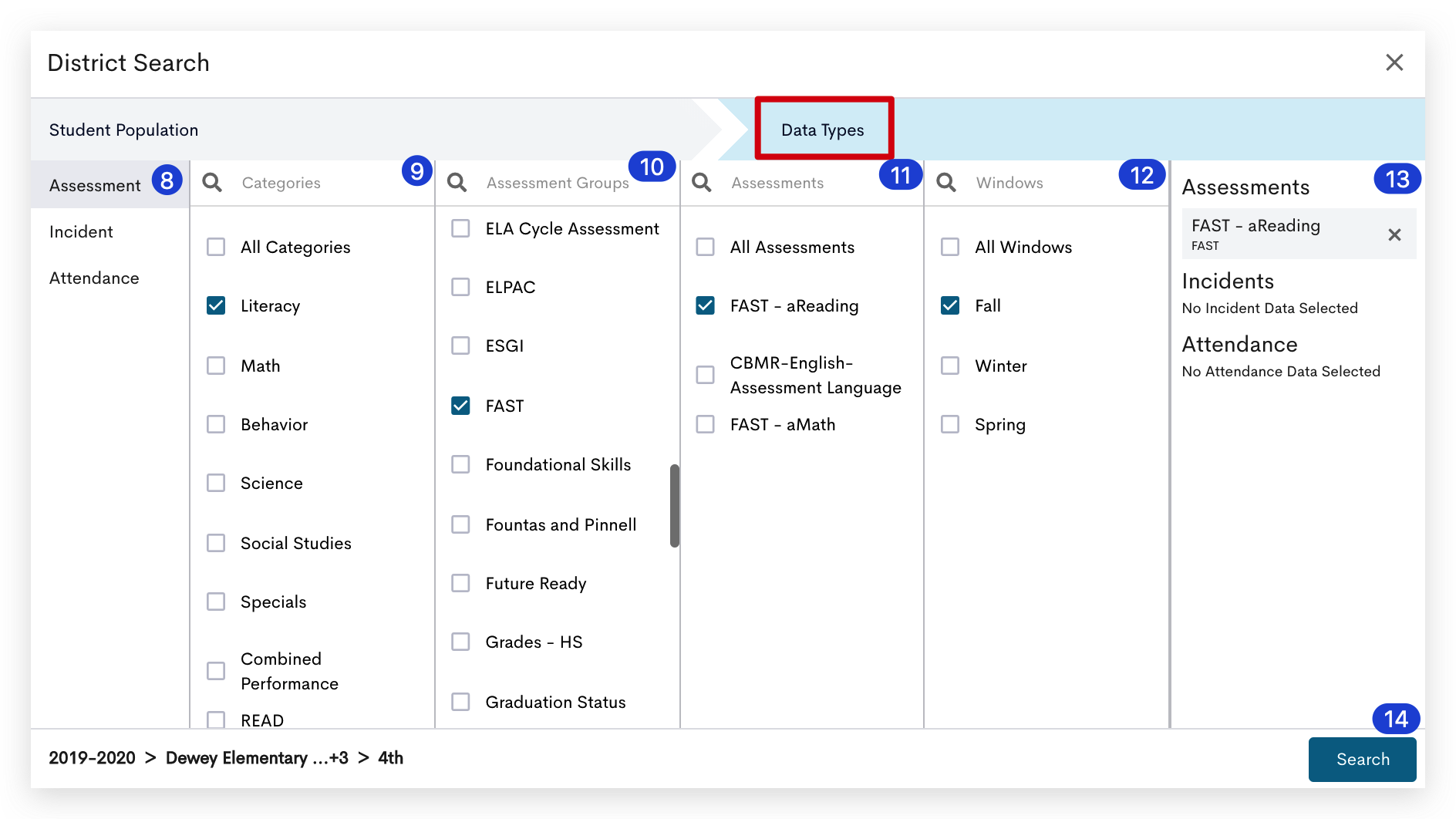 A screenshot of a district search interface. Users can filter data by selecting the desired Student Population. Once a Data Type is selected e.g., Assessments, additional filtering options become available. The users can click the Search button to look for the filtered data.