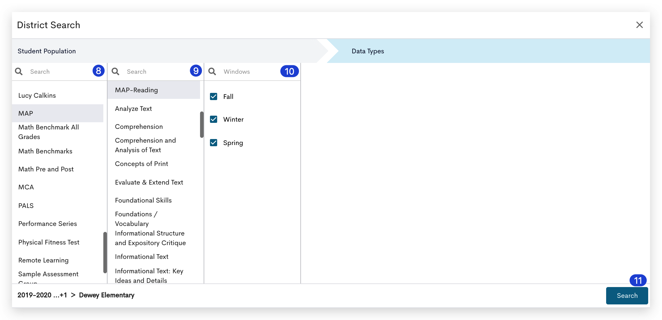 Users can filter data by selecting the desired Student Population and Data Type. Once the desired filters are applied, users can click the Search button to retrieve the filtered data.