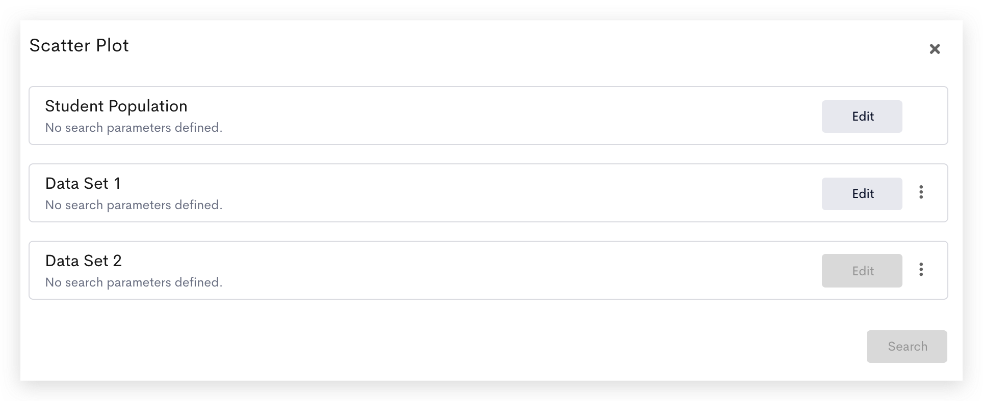 A screenshot of a scatter plot tool. The interface allows users to define data sets for the scatter plot.