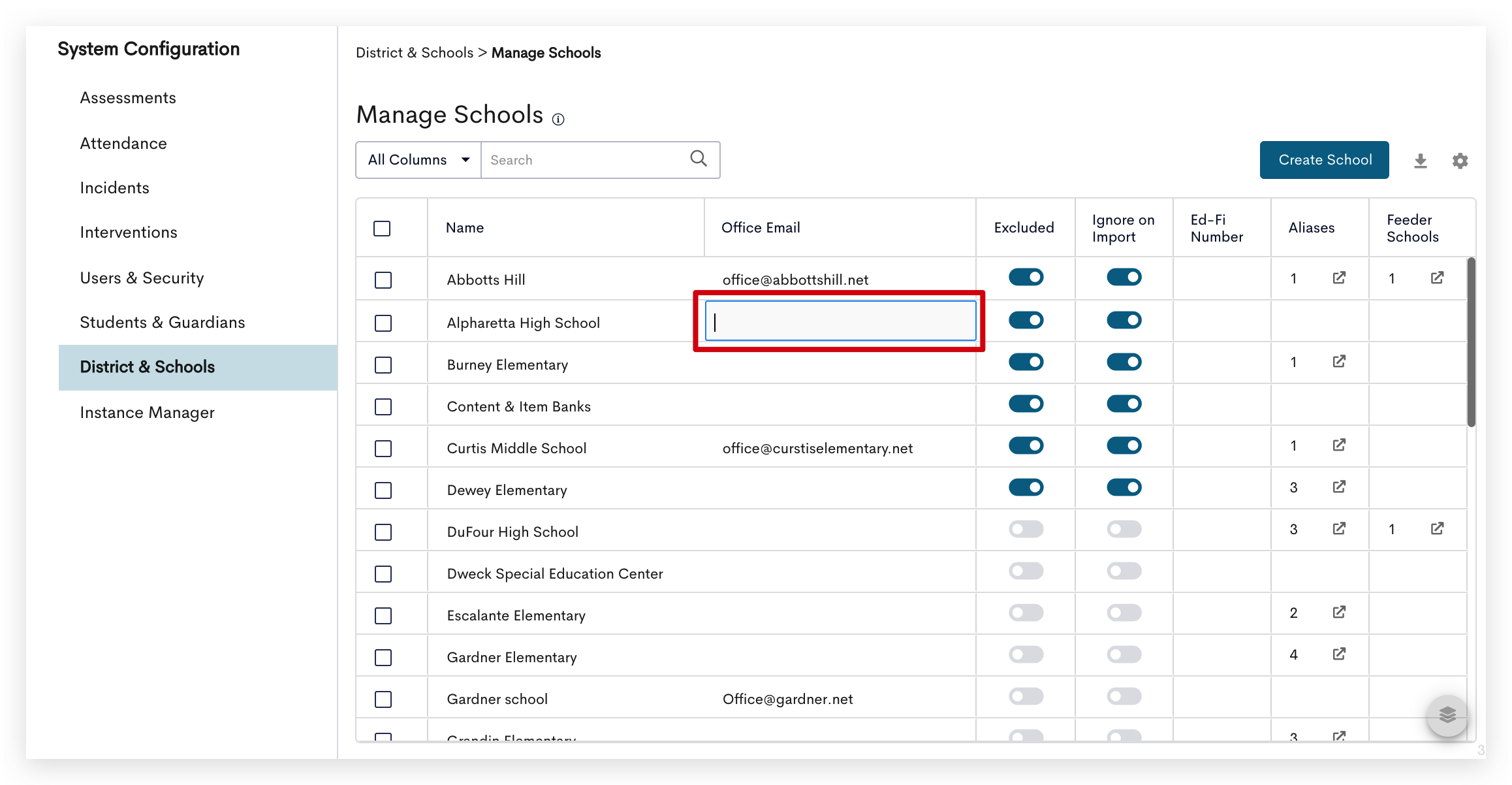 An example Manage Schools page under the System Configuration page and District and Schools section. The Office Email column is highlighted.