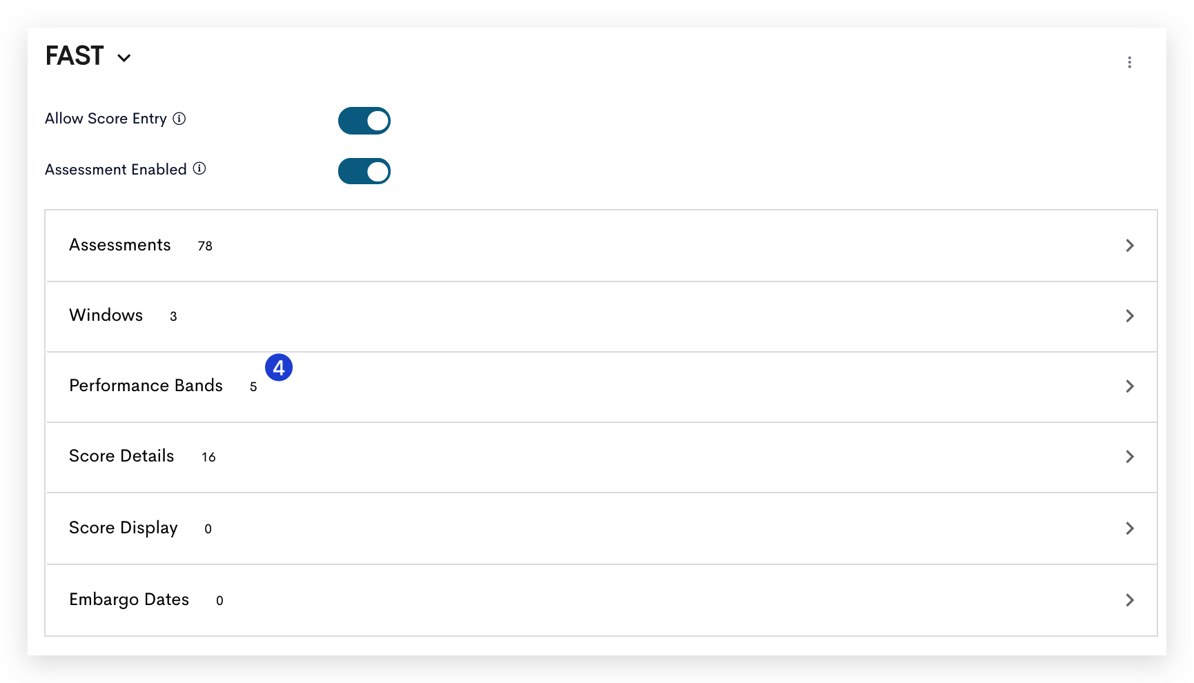 A screenshot of the eduCLIMBER interface showing a section for configuring FAST assessments. Go to Performance Bands
