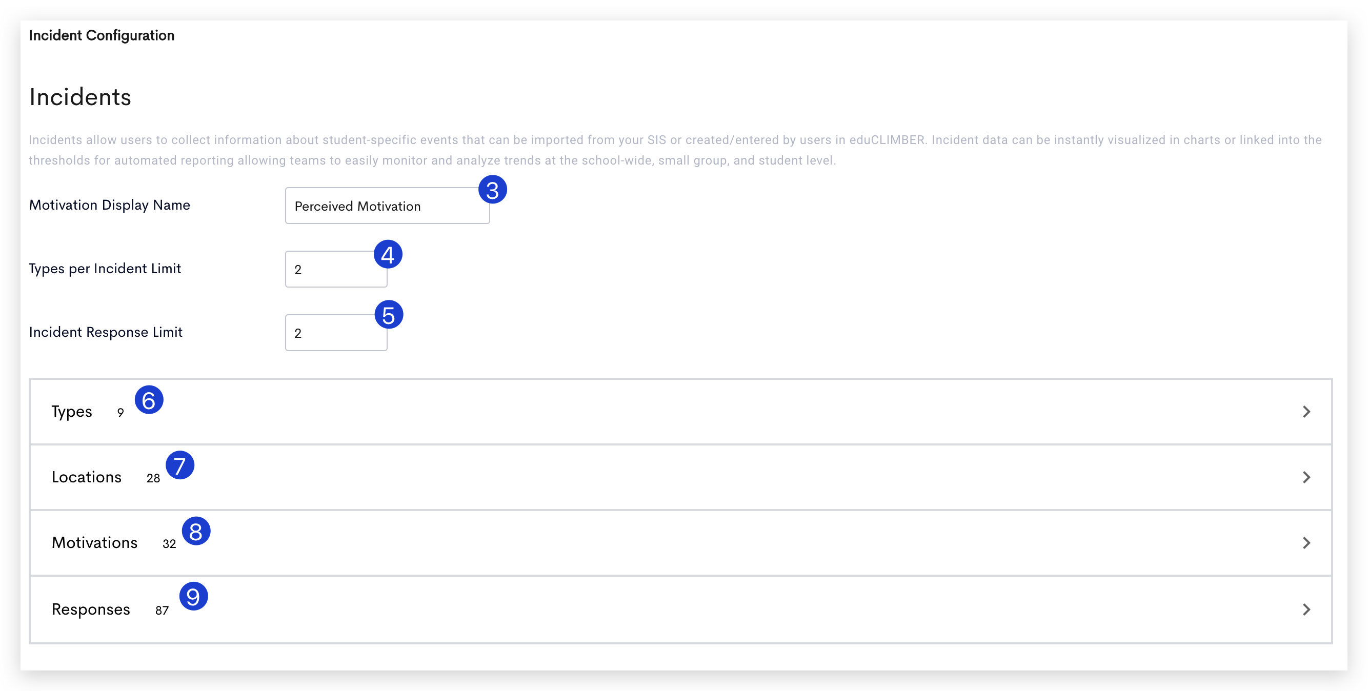 The Incident Configuration page with Motivation Display Name labeled as step 3, Types per Incident Limit labeled as step 4, Incident Response Limit labeled as step 5, Types labeled as step 6, Locations labeled as step 7, Motivations labeled as step 8, and Responses labeled as step 9.