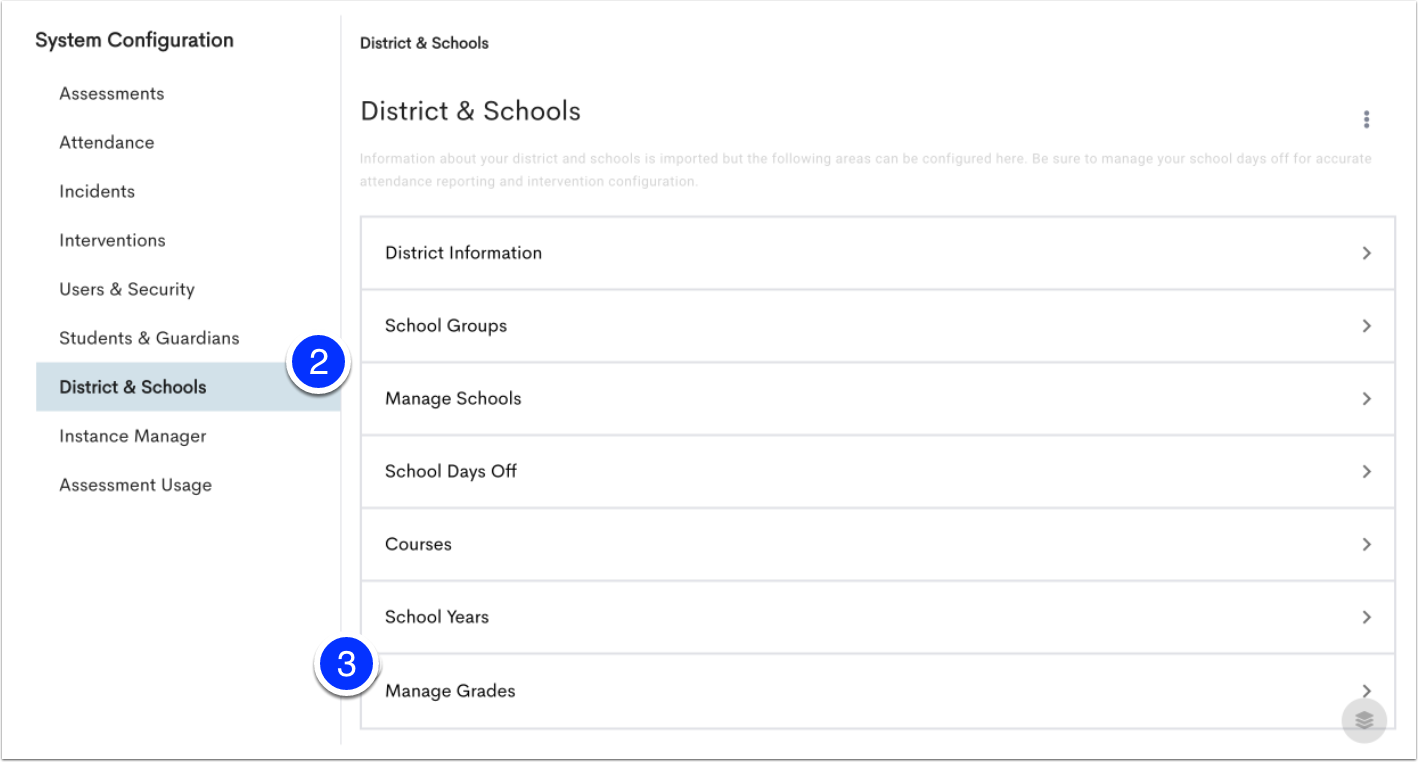 This image shows the section where you can manage Grades in the District & Schools configuration.