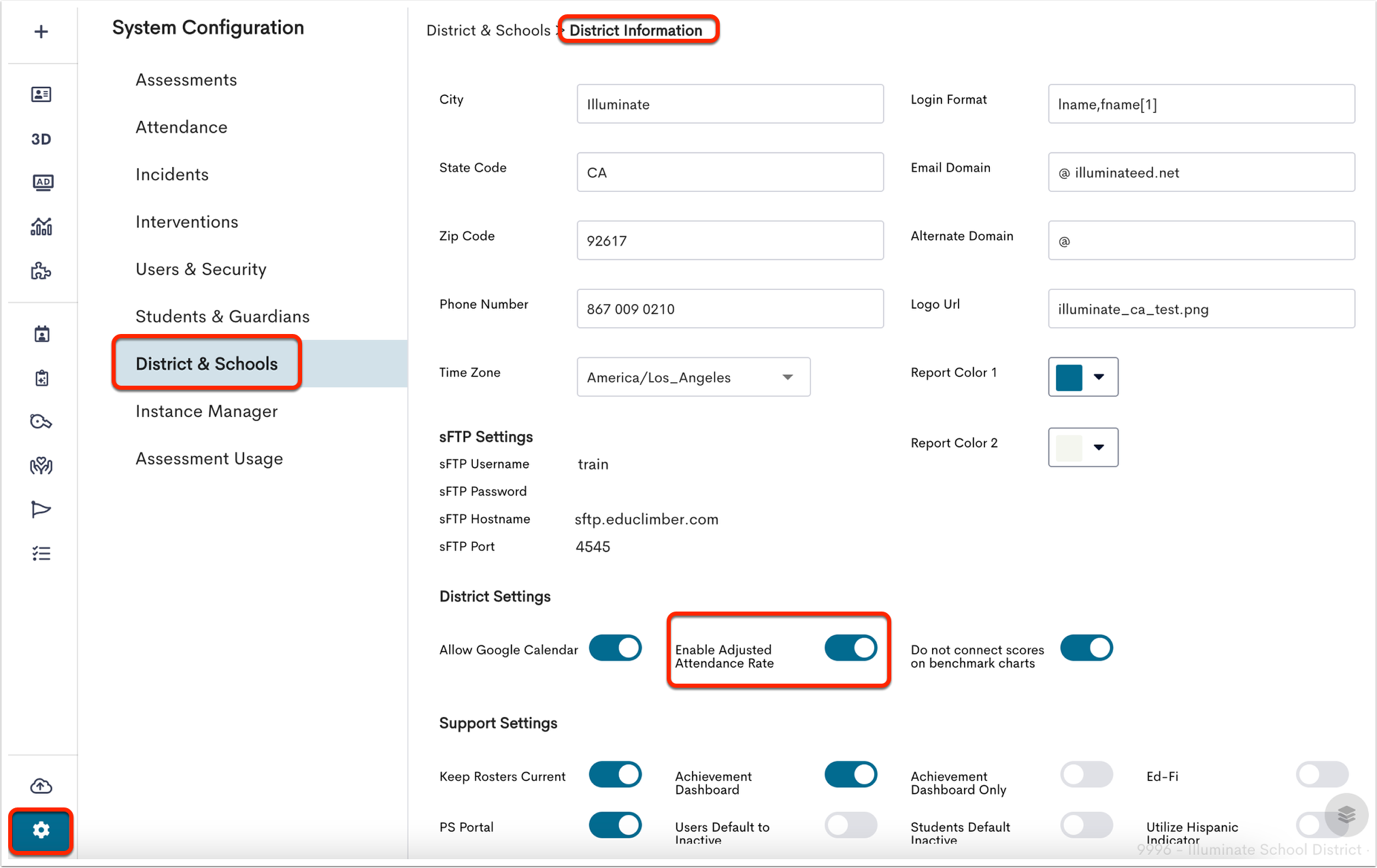 Image displays the System Configuration page with District & Schools on the left bar highlighted and selected, on the District Information page, with the Enable Adjusted Attendance Rate toggle highlighted with a red rectangle.